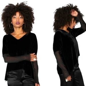 Jaga Glen Black Velvet Blouse Chiffon Sleeves Rayon/Silk Blend Raw Fringe Edges
